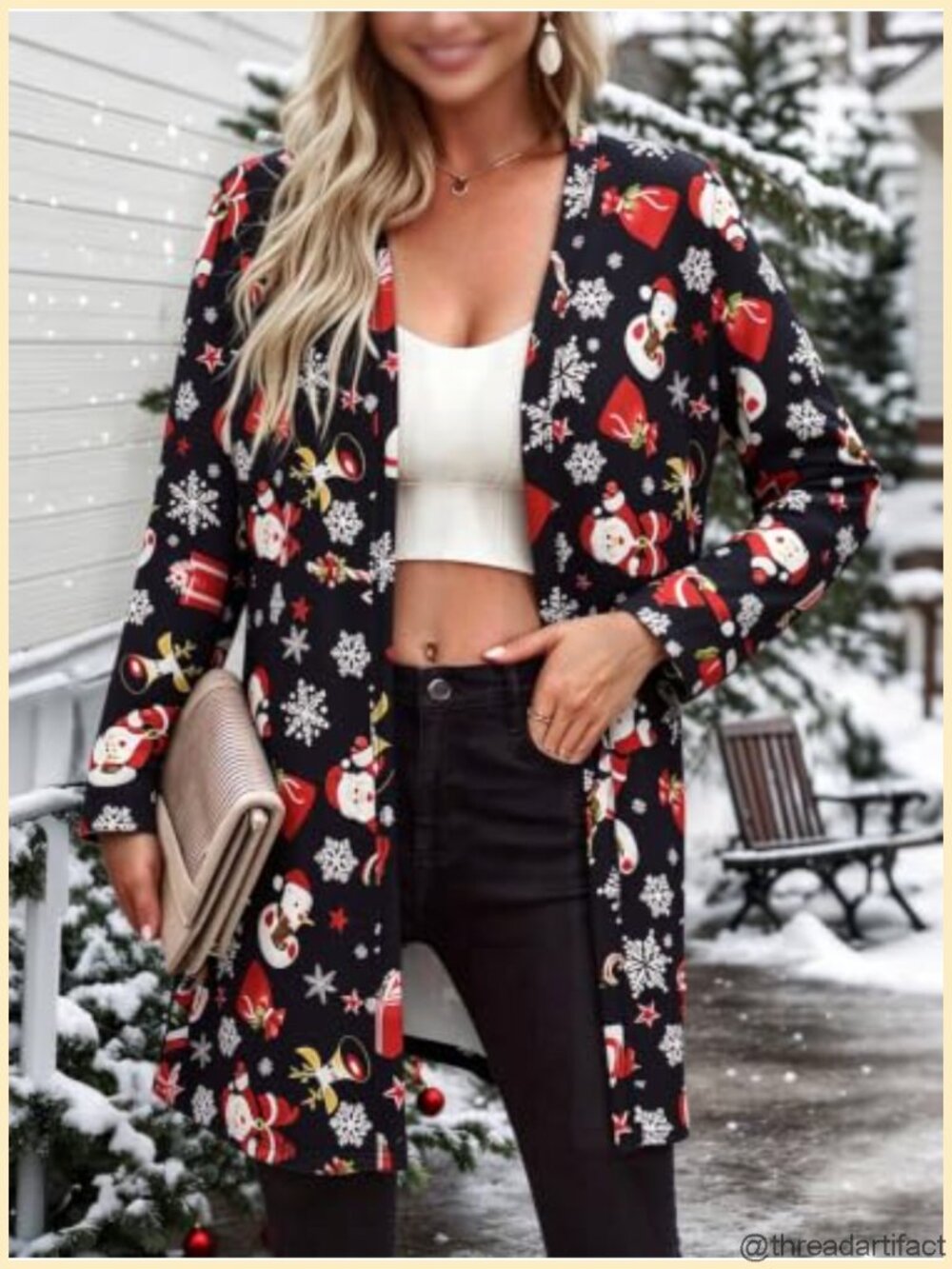 Relaxed-Fit Xmas Pattern Long-Sleeve Open Front Jacket